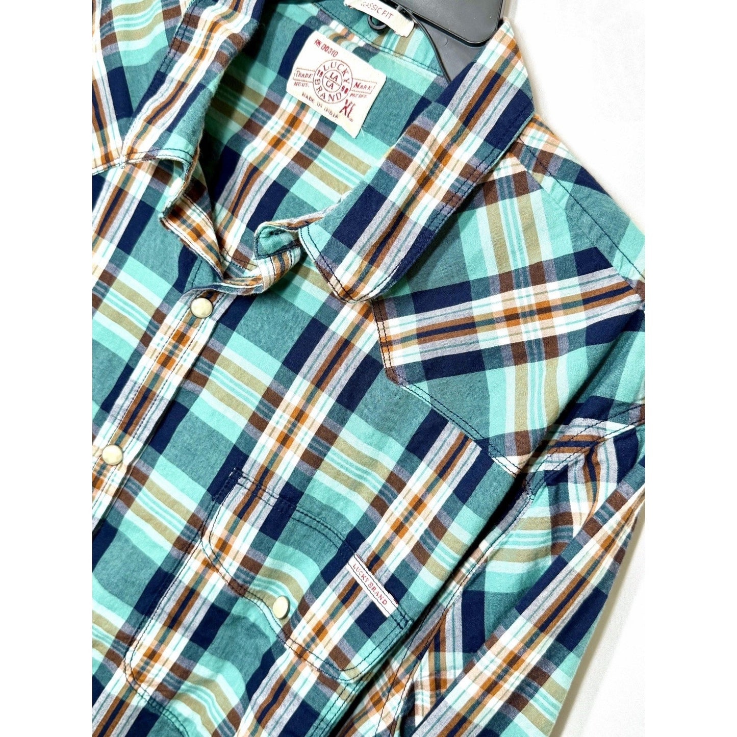 Lucky Brand Men’s XL Western Pearl Snap Shirt Plaid Green Teal Flannel EUC