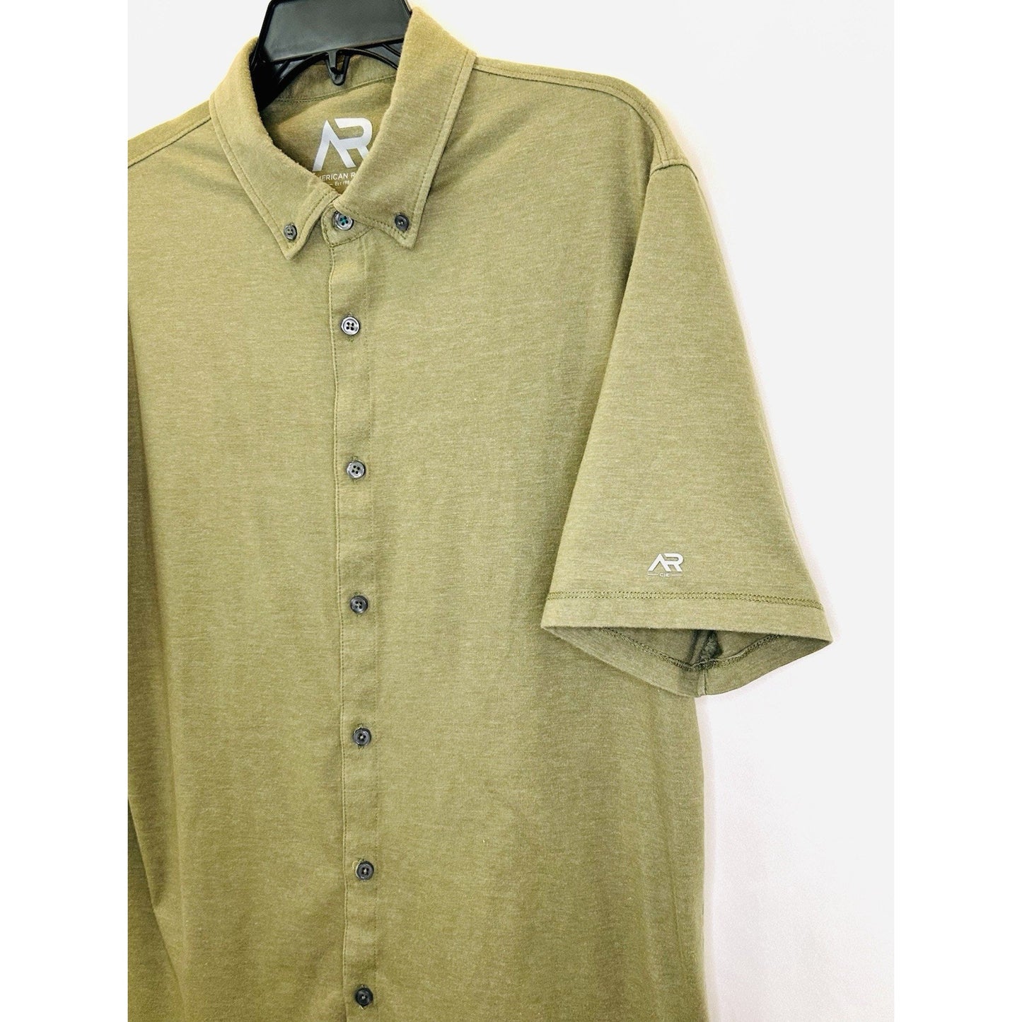 American Rag Mens Shirt Short Sleeve Snap Button Up Military Collar Green Sz L