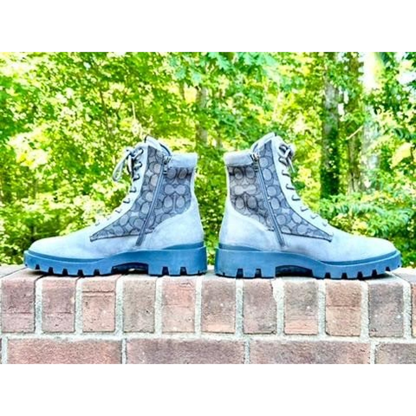Coach Women Blue Suede Signature Canvas Combat Boots Lace Up Side Zip Lug Sole