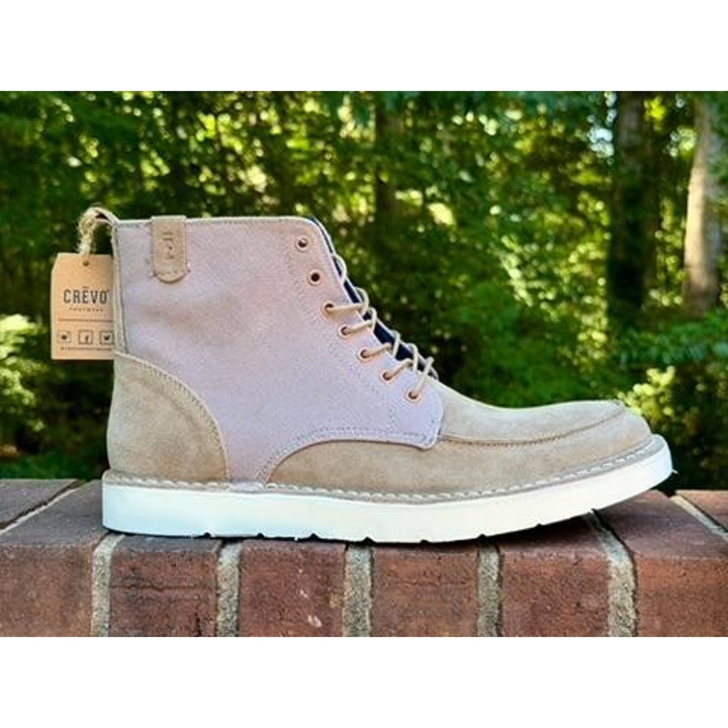 Crevo Mens Size 11.5 Suede Canvas Lace Up Boots Beige Tan Memory Foam Cushioned