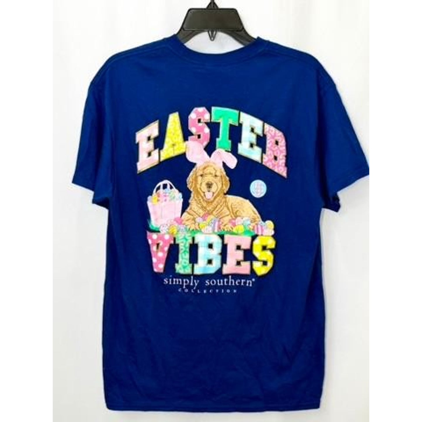 Simply Southern Easter Vibes T-Shirt Girls Medium Blue Golden Retriever Bunny