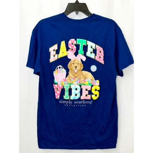 Simply Southern Easter Vibes T-Shirt Girls Medium Blue Golden Retriever Bunny