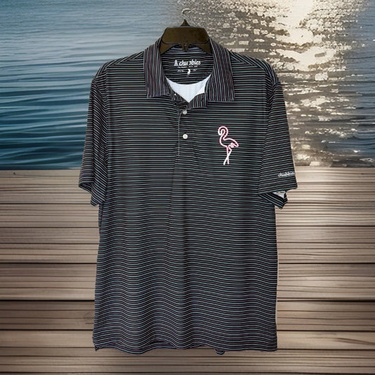 Chubbies Performance Golf Polo Shirt Navy Blue Striped Flamingo Mens M Medium