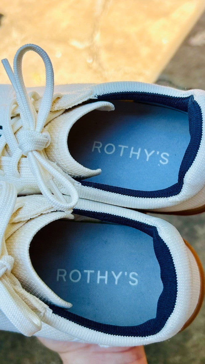 Rothys Men's RS01 Sneaker Size 7.5 Bone White Knit Lace Up Travel Shoe Casual
