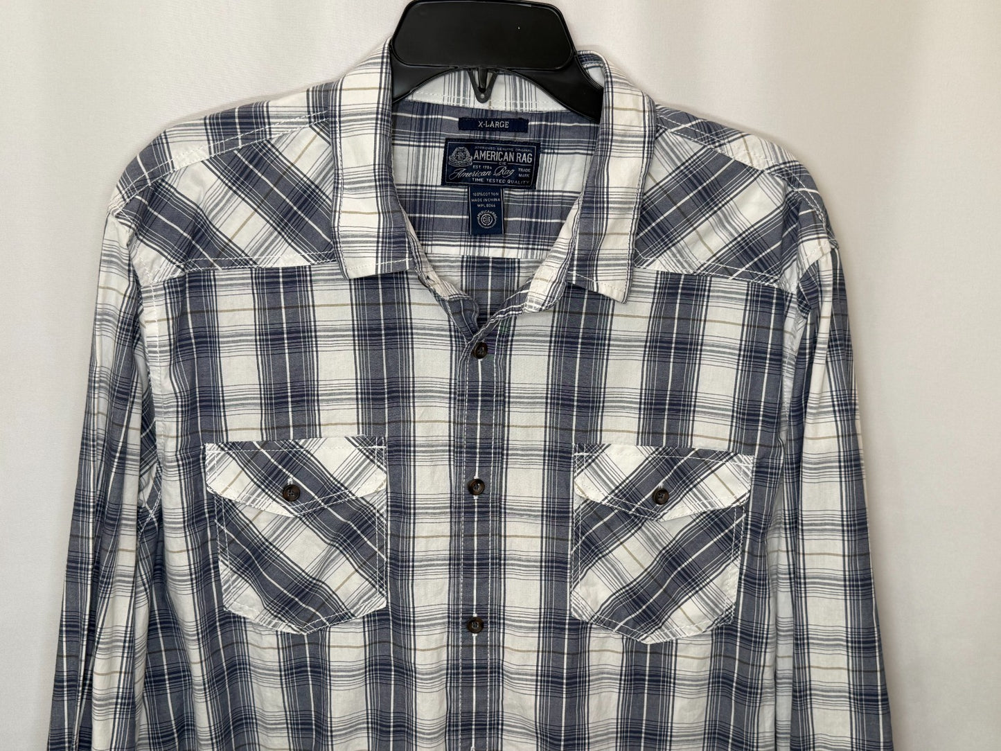 American Rag Mens Shirt XL Gray White Plaid Long Sleeve Button Down Double