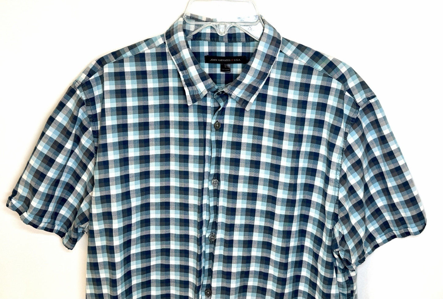 John Varvatos USA Mens Size Large Blue Check Short Sleeve Button Up Shirt