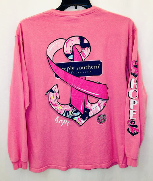 Simply Southern Womens L Large T-Shirt Long Sleeve Pink Ribbon Hope Logo
