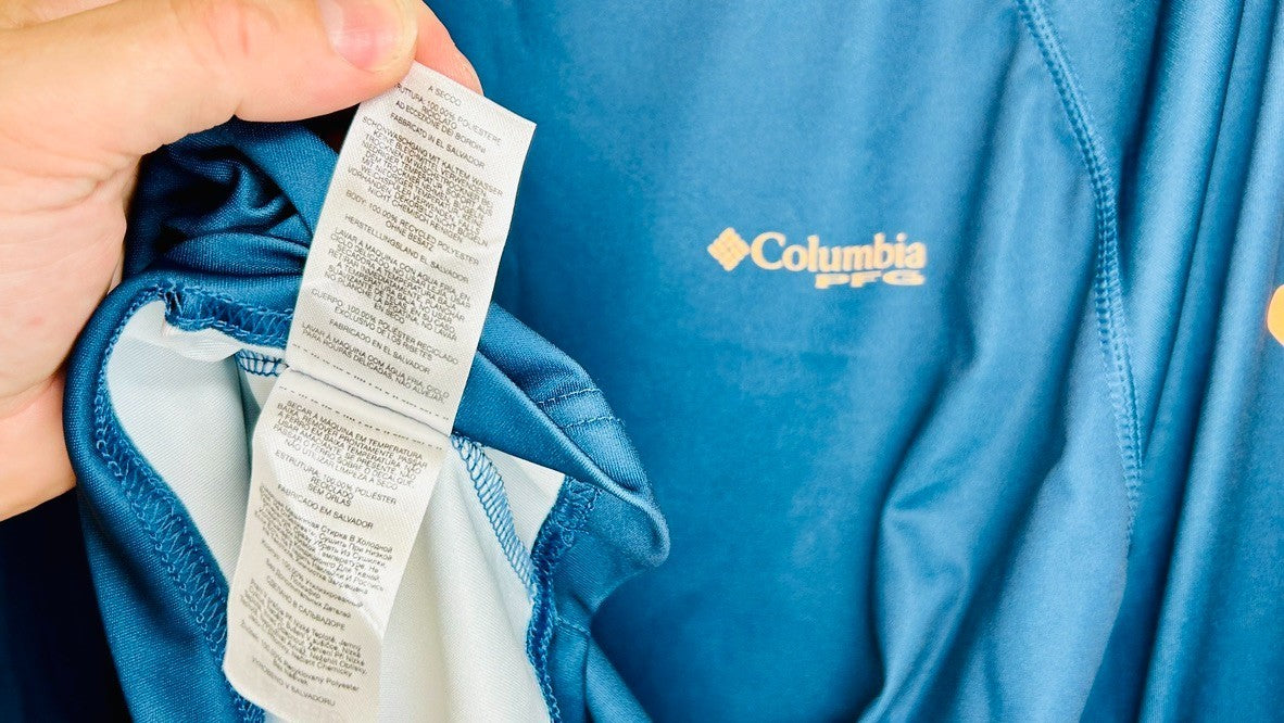 Columbia Fishing Shirt Mens Long Sleeve Fish USA Flag Blue Size Medium