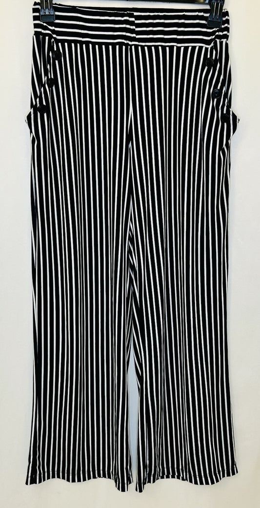 Robert Louis Stretchy Pants White/Black Pen Stripe Size M Pull On Wide Leg