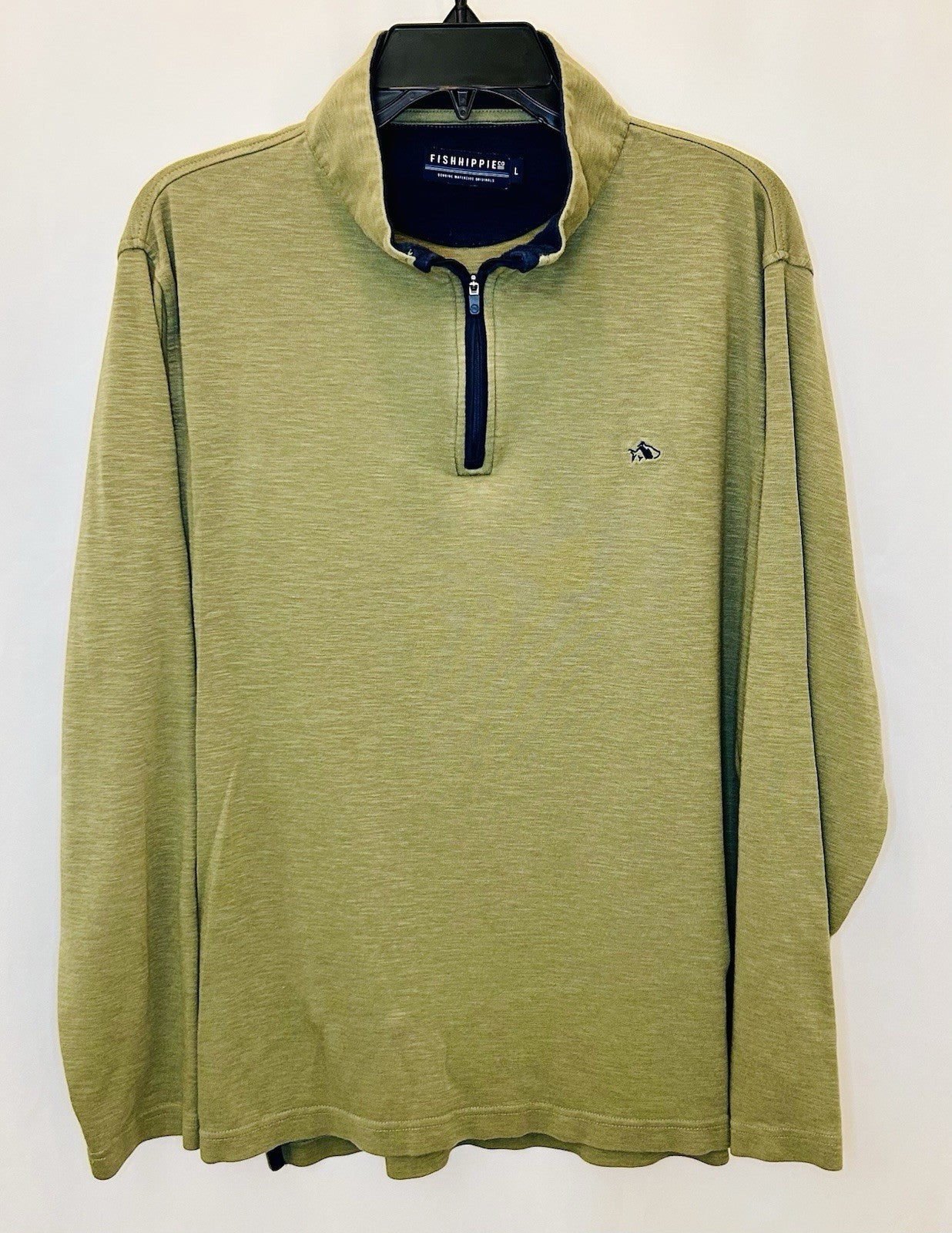 Fish Hippie 1/4 Zip Pullover L Men Olive Green / Navy Cotton Modal Made India