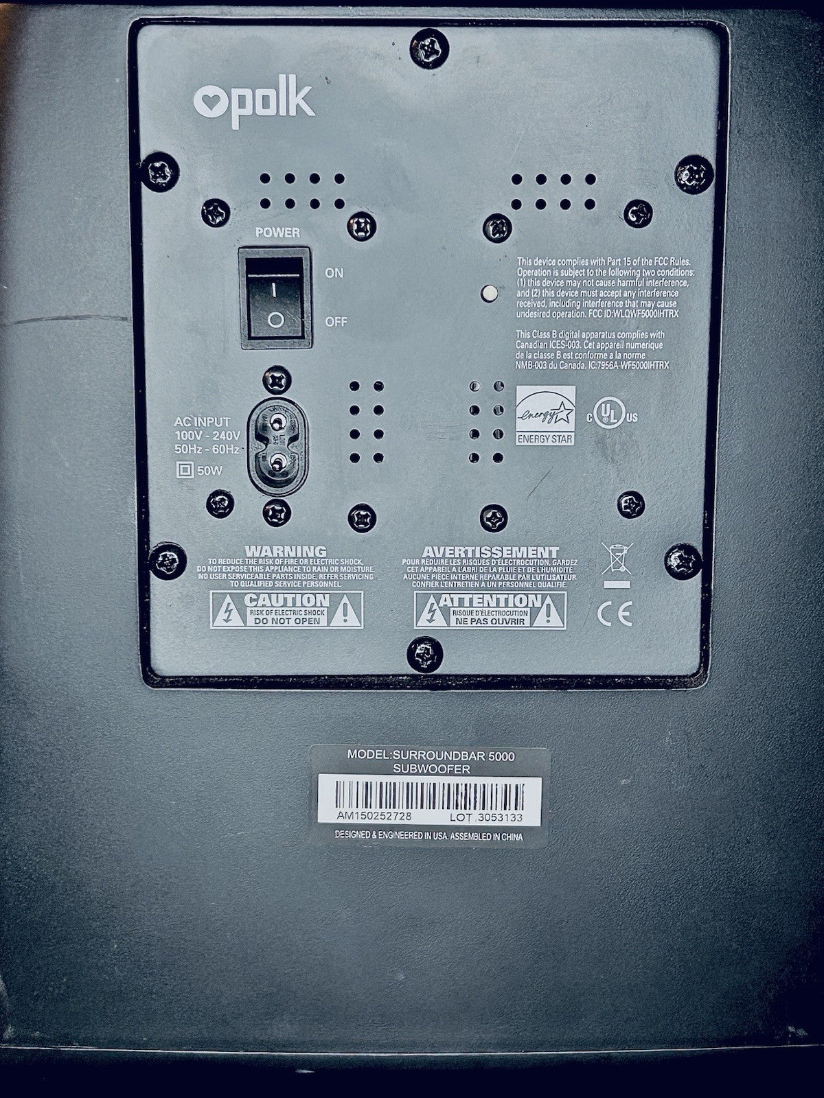 Polk-Audio Surroundbar 5000 Subwoofer Only Black Speaker - Powers On & Works!