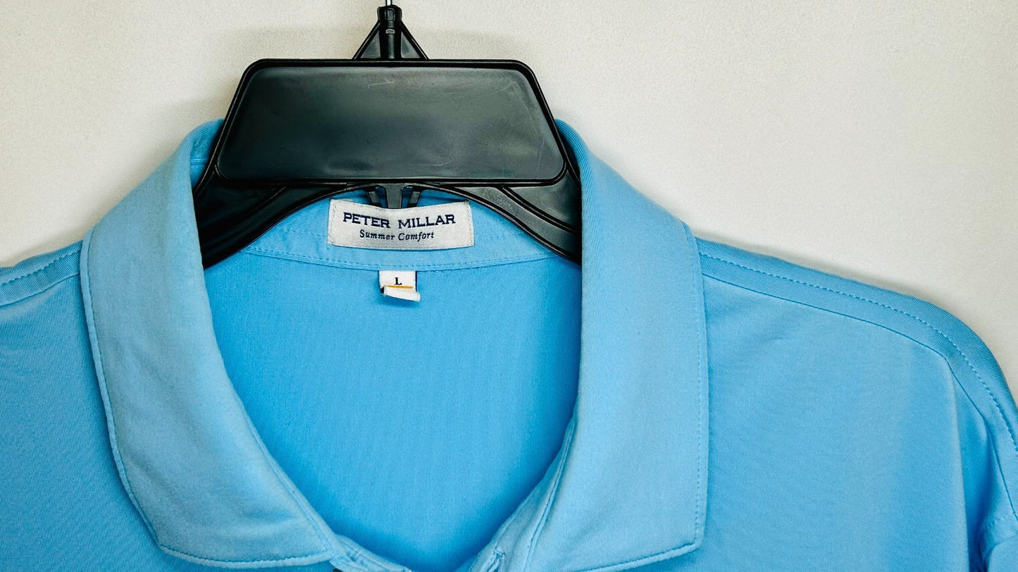 Peter Millar Summer Comfort Polo Shirt Mens Large Blue Golf Embroidered Wicking