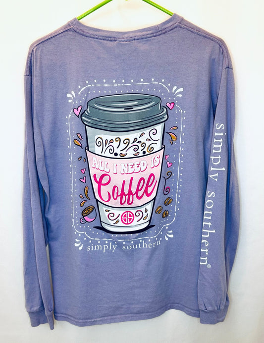 Simply Southern Purple Long Sleeve "All I Need Is Coffee" Graphic Tee | Medium