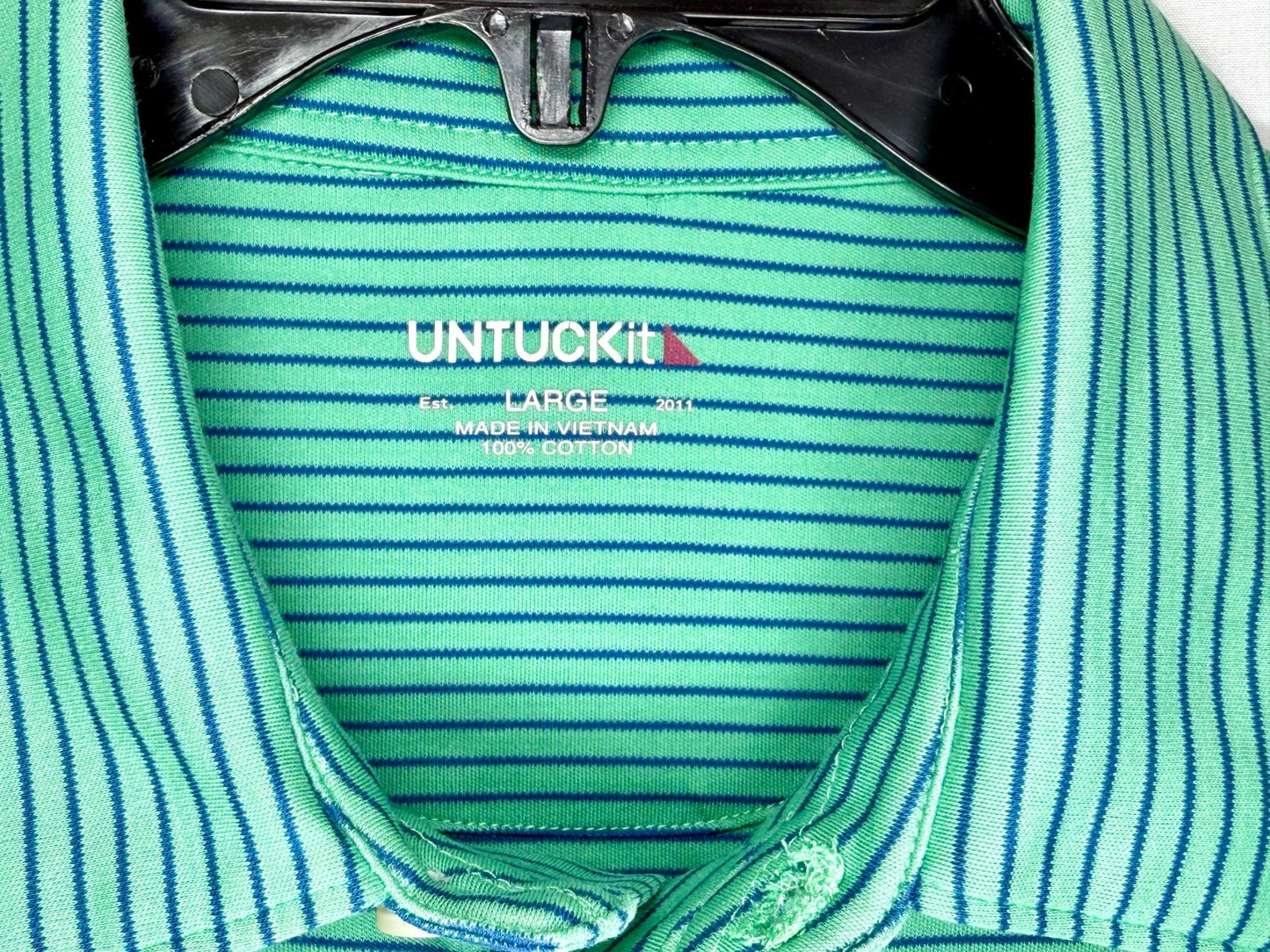 UNTUCKit Shirt Mens Large Axios Green Blue Striped 100% Cotton Polo Short Sleeve