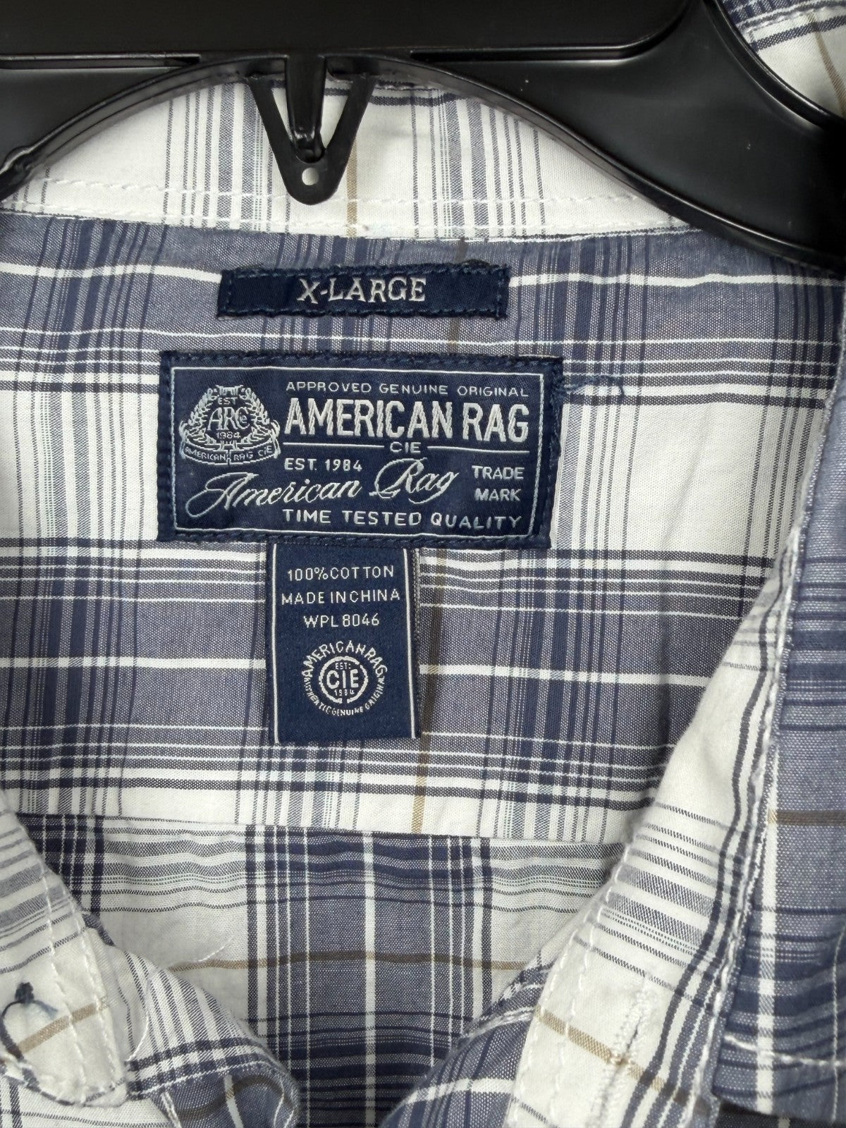 American Rag Mens Shirt XL Gray White Plaid Long Sleeve Button Down Double