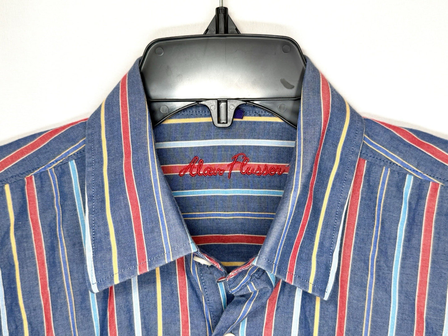 Alan Flusser Mens Medium Striped Button Shirt Blue Red Yellow LS Dress Casual EX