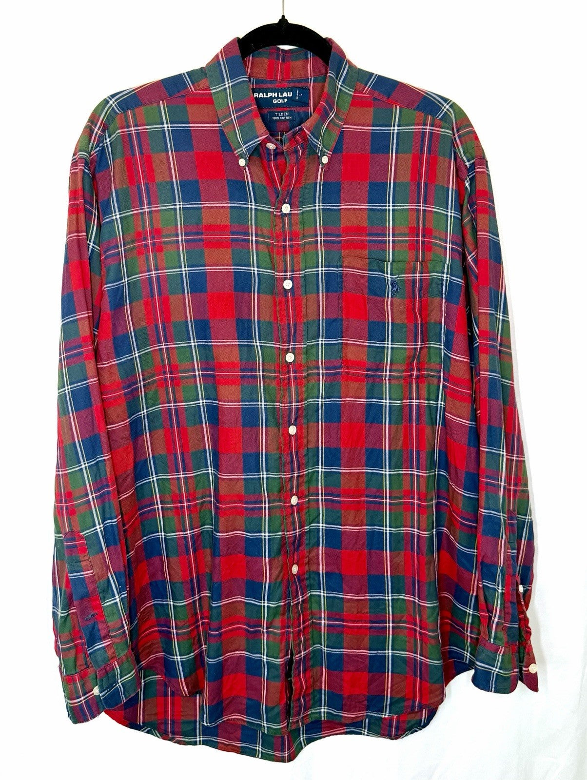RALPH LAUREN GOLF  Button Down Shirt Sz M Tilden Cotton Tartan Plaid Red LS Top