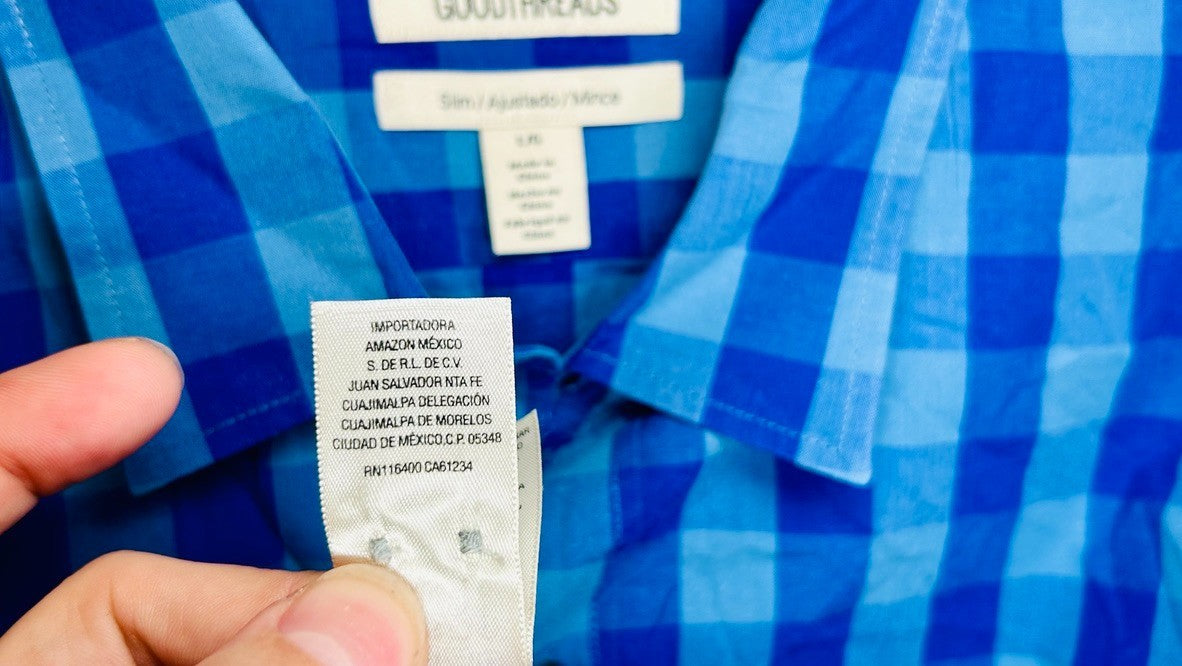 Goodthreads Mens Button Up Shirt  Large Blue Checkered Slim Fit Casual Cotton