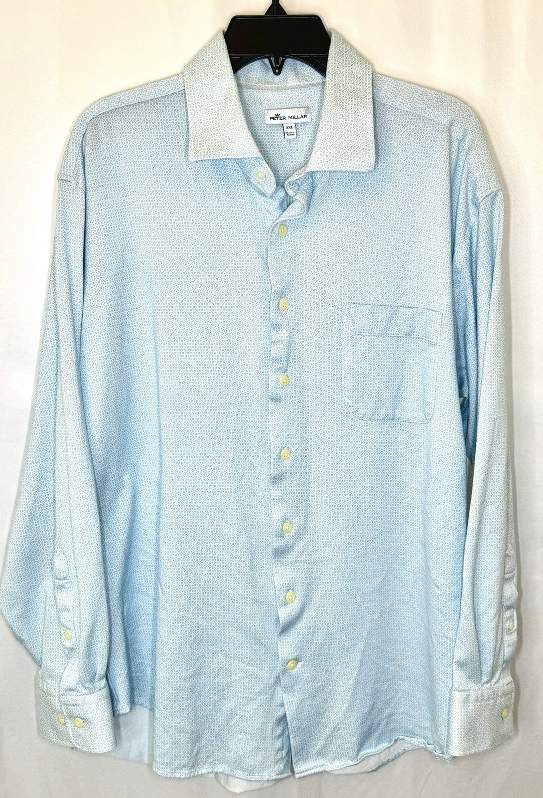 Peter Millar Button Up Shirt Mens XXL White Blue Geometric Cutaway Collar Casual