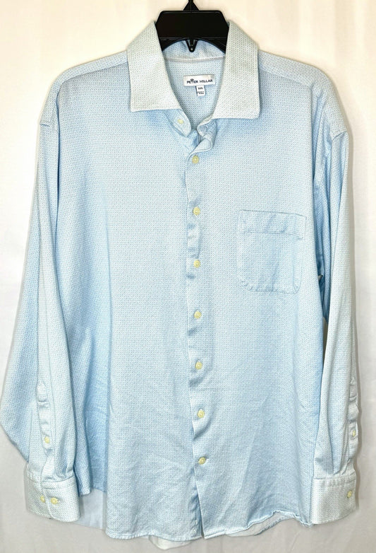 Peter Millar Button Up Shirt Mens XXL White Blue Geometric Cutaway Collar Casual