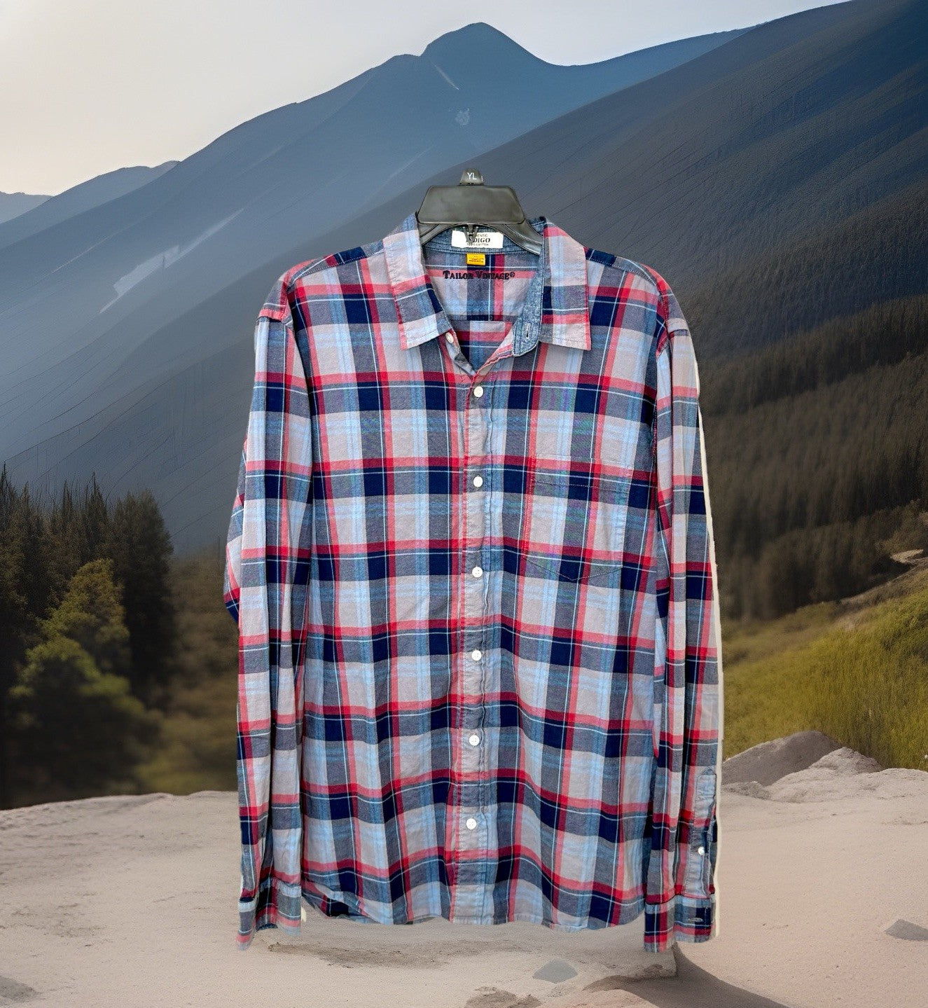 Taylor Vintage Indigo Shirt Blue Plaid L/S Button Up Pockets Cotton Men’s Sz XL