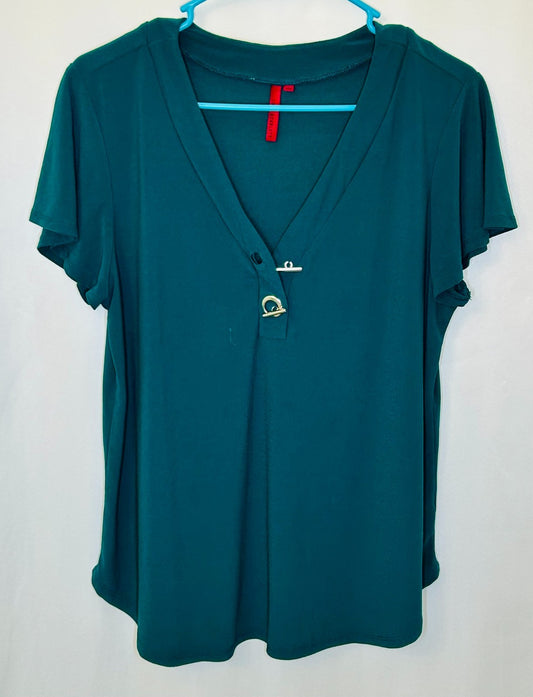 Love Scarlett Top Womens Large Green Short Sleeve Knit Beaded V-Neck Neck Solid
