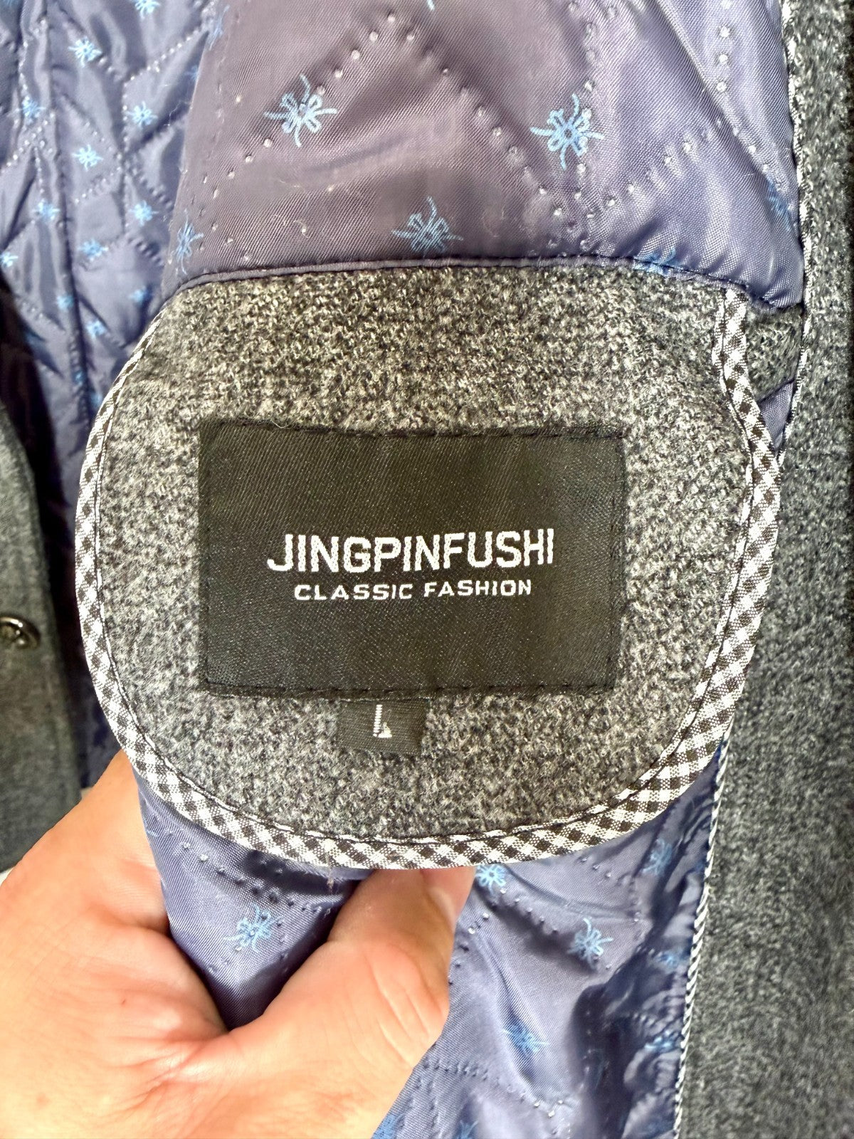 Jingpinfushi Mens L Wool Blend Overcoat Gray Quilted Lined 3 Button Coat Jacket
