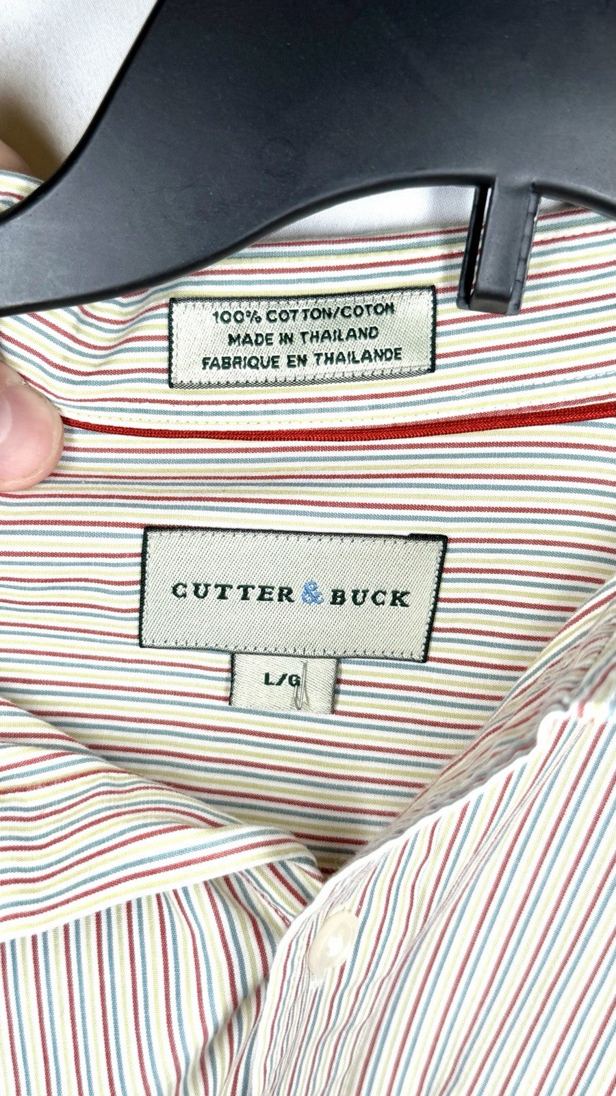 Cutter & Buck Shirt Mens Large Button Up Beige Striped Short Sleeve 100% Cotton
