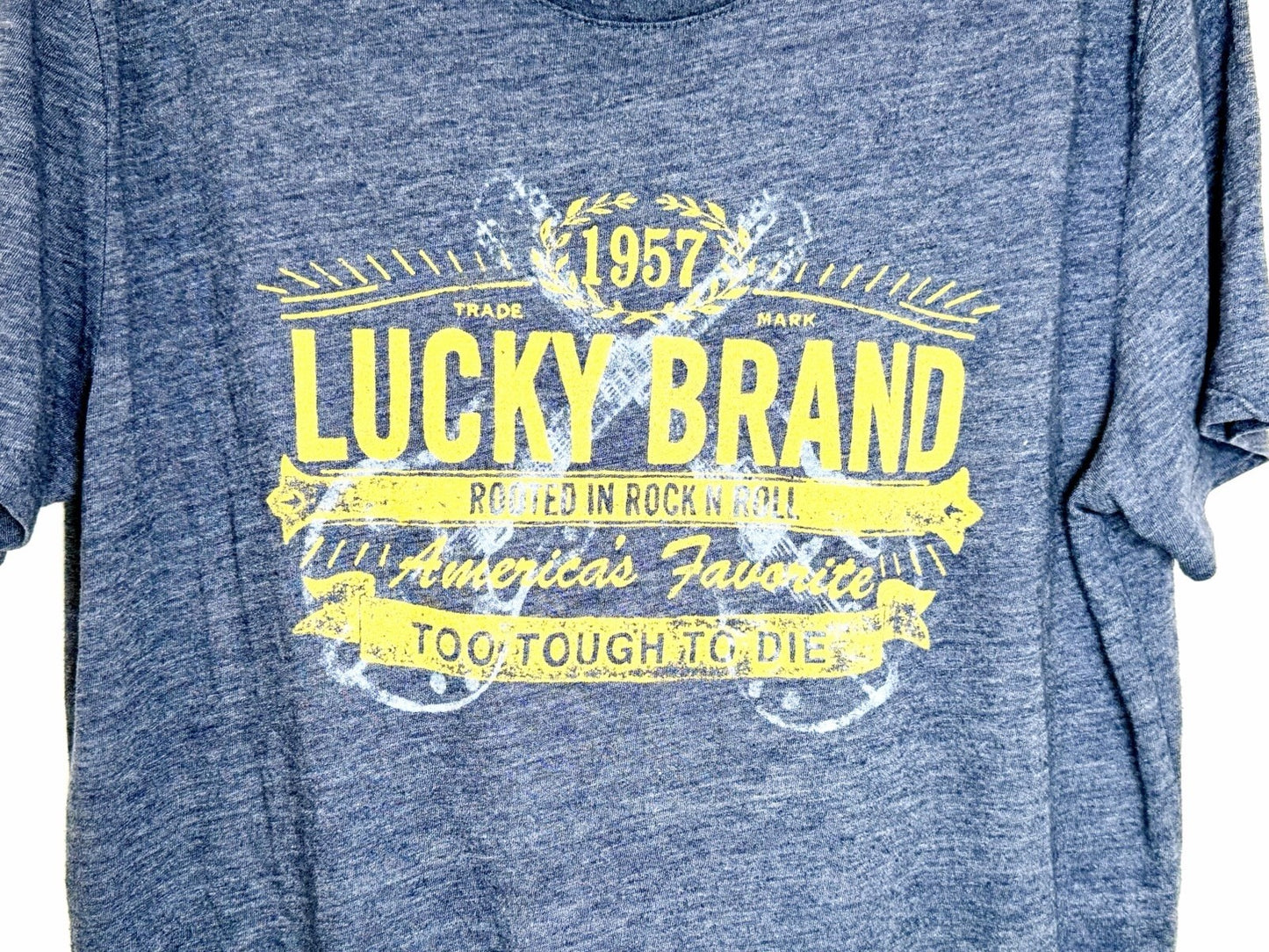 Lucky Brand Blue Heathered Graphic Tee T-Shirt  “Rooted In Rock & Roll Size M