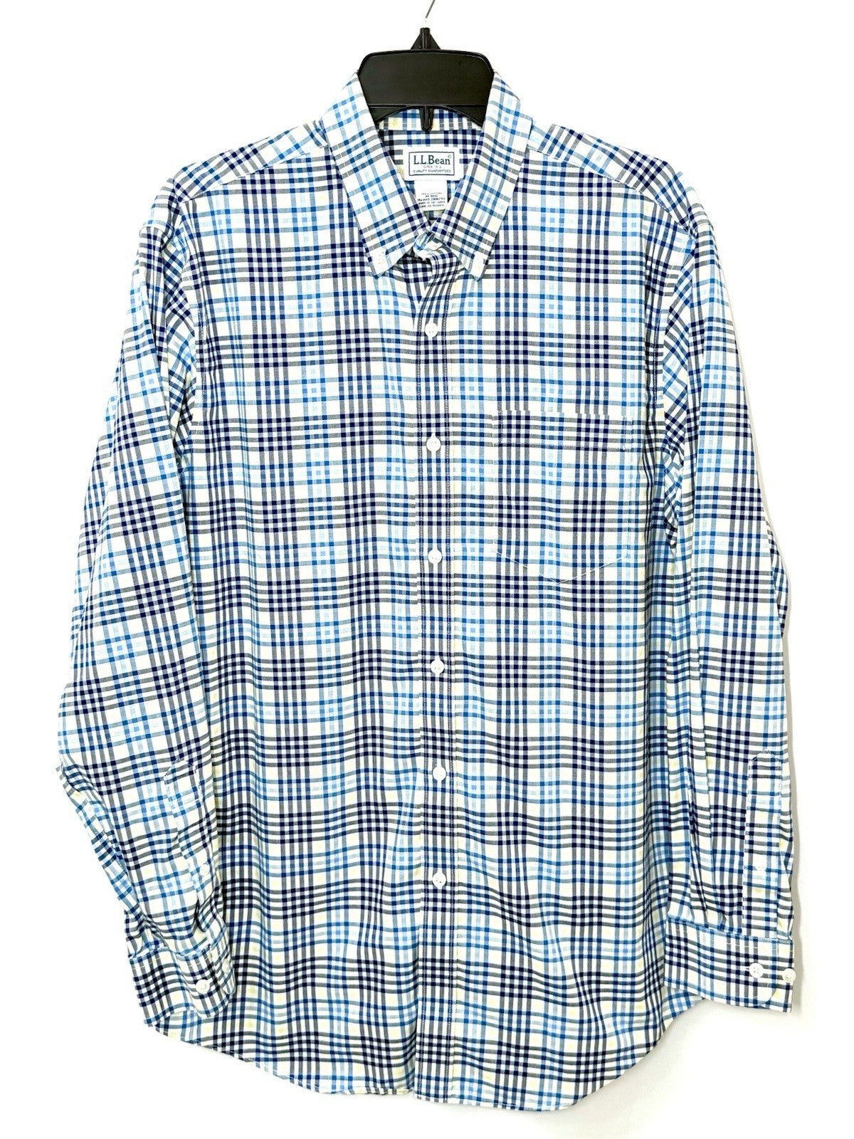 LL Bean Shirt Mens Medium White Blue Yellow Plaid Button Up Long Sleeve Cotton