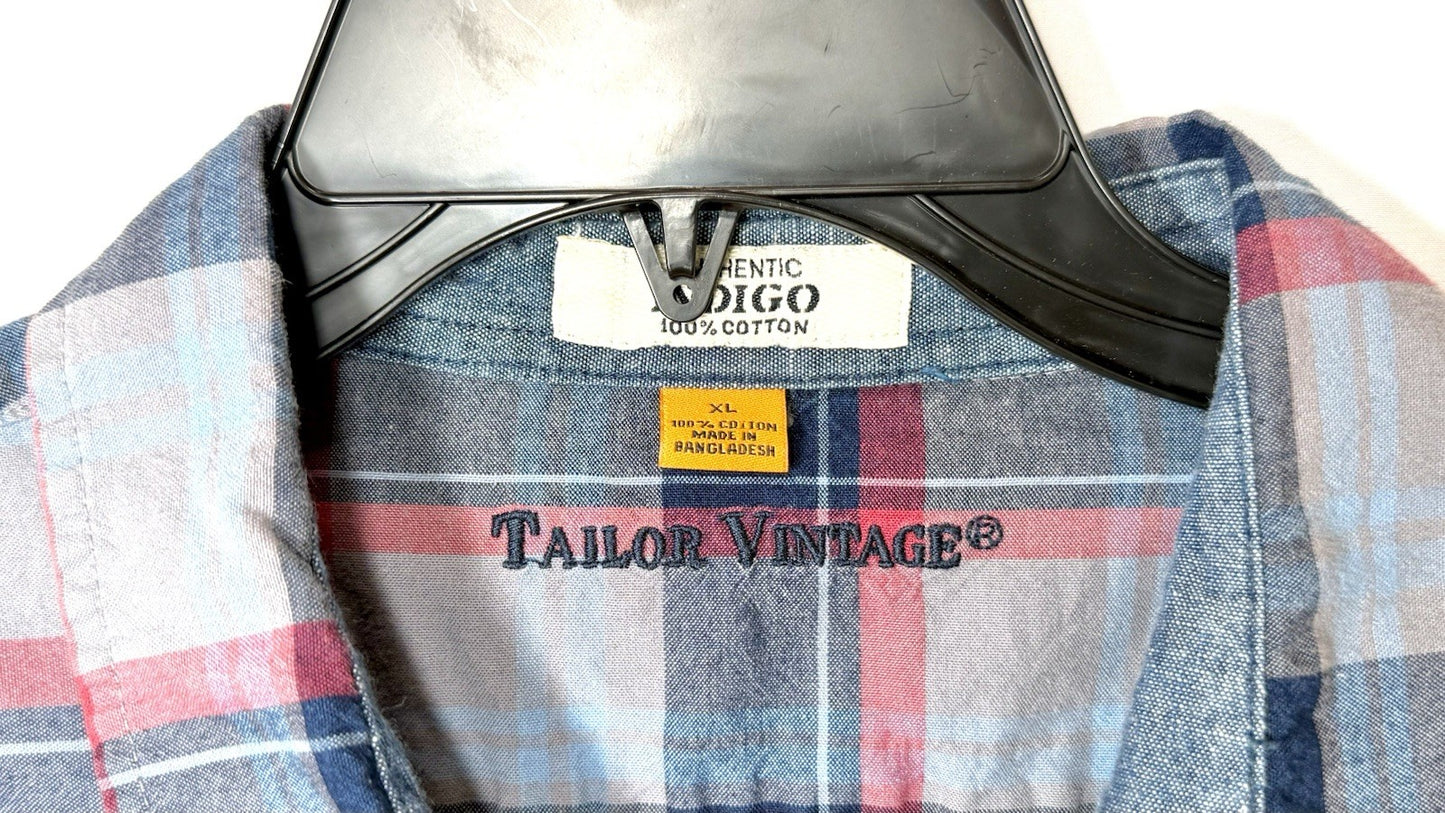 Taylor Vintage Indigo Shirt Blue Plaid L/S Button Up Pockets Cotton Men’s Sz XL