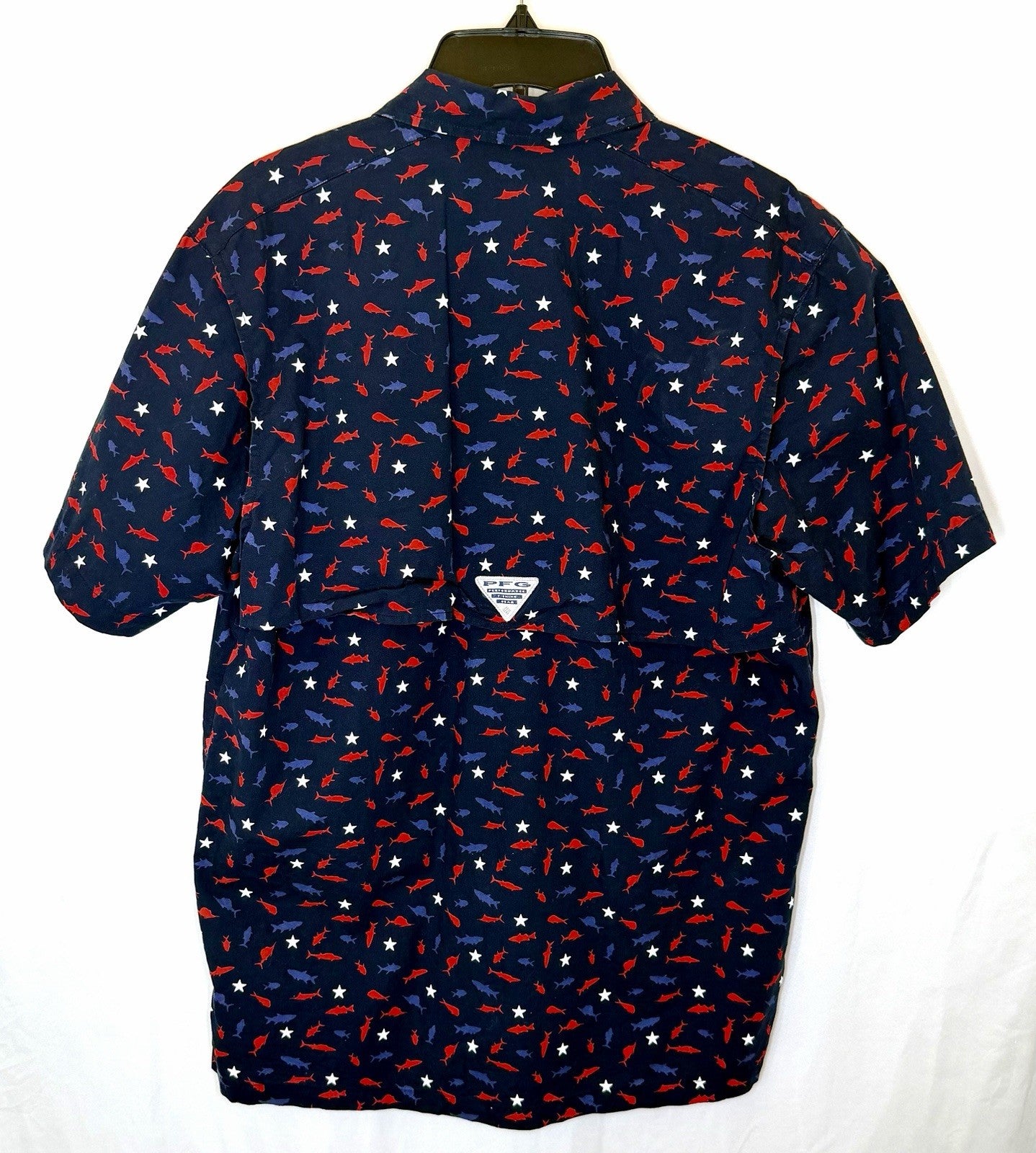 Columbia PFG Fish All OverShort Sleeve Button Front Shirt Men's Small Blue