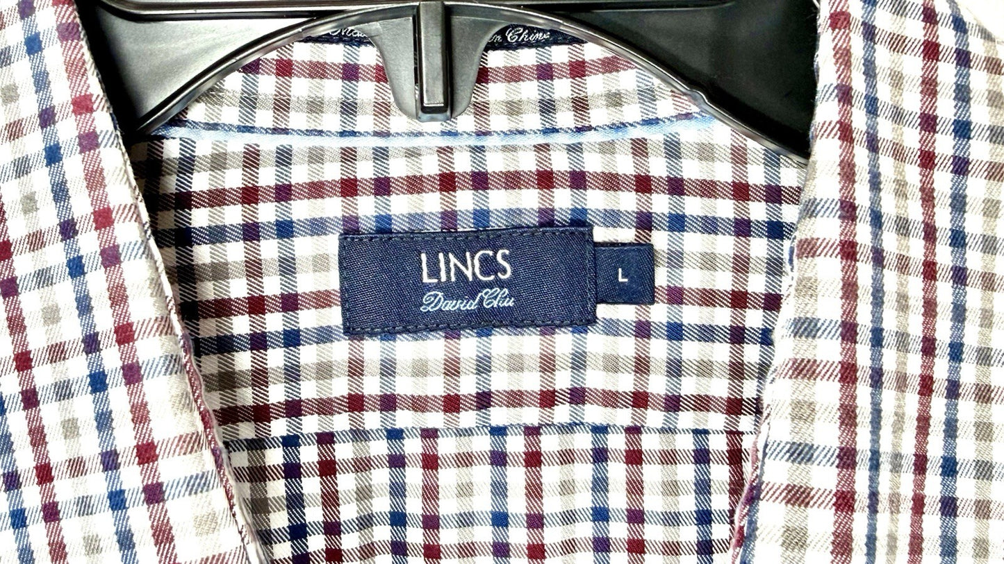 Lincs by David Chu Men’s Large L/S Button Down Shirt Red Blue Plaid Cotton