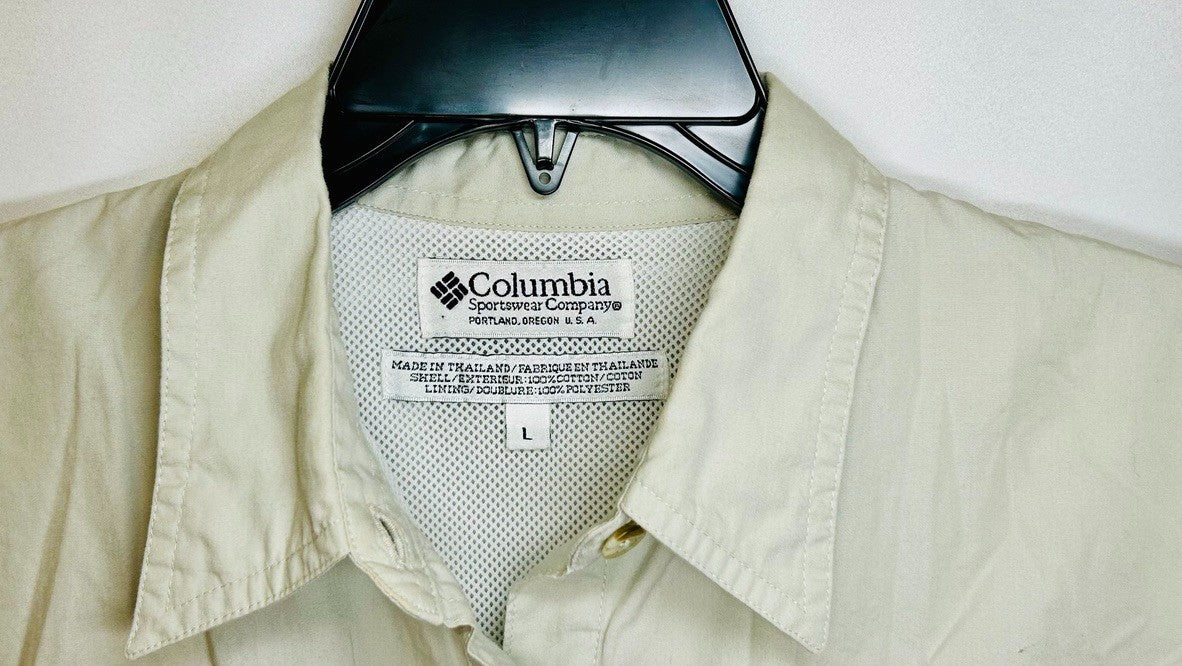 Columbia PFG Beige Long Sleeve Fishing Shirt Mens Size Large Vented Outdoors `