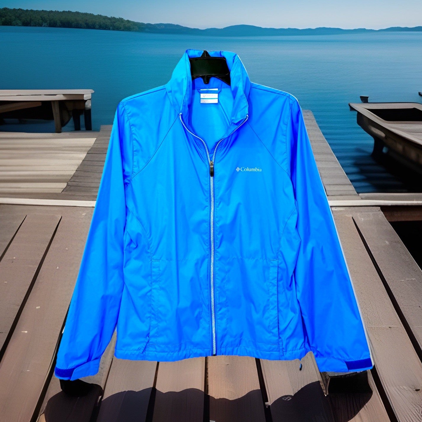 Columbia Womens Switchback III Rain Jacket Blue Sz M Packable Hooded Windbreaker