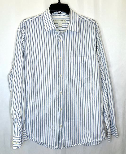 Banana Republic Shirt Men’s L 16-16.5 Button-Up Blue Striped Long Sleeves Cotton