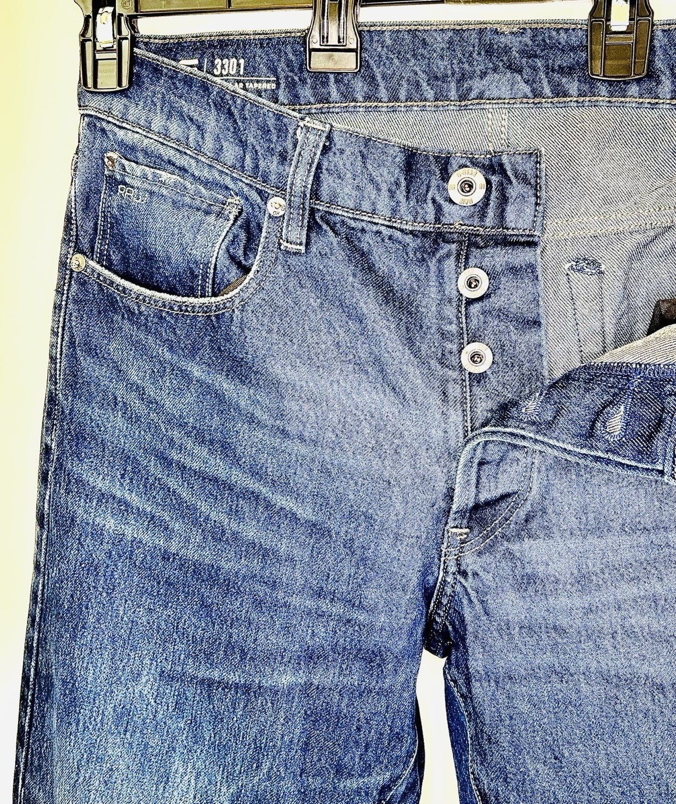 G-Star Raw Jeans Men’s 34x32 Blue Denim Slim 3301 Regular Tapered