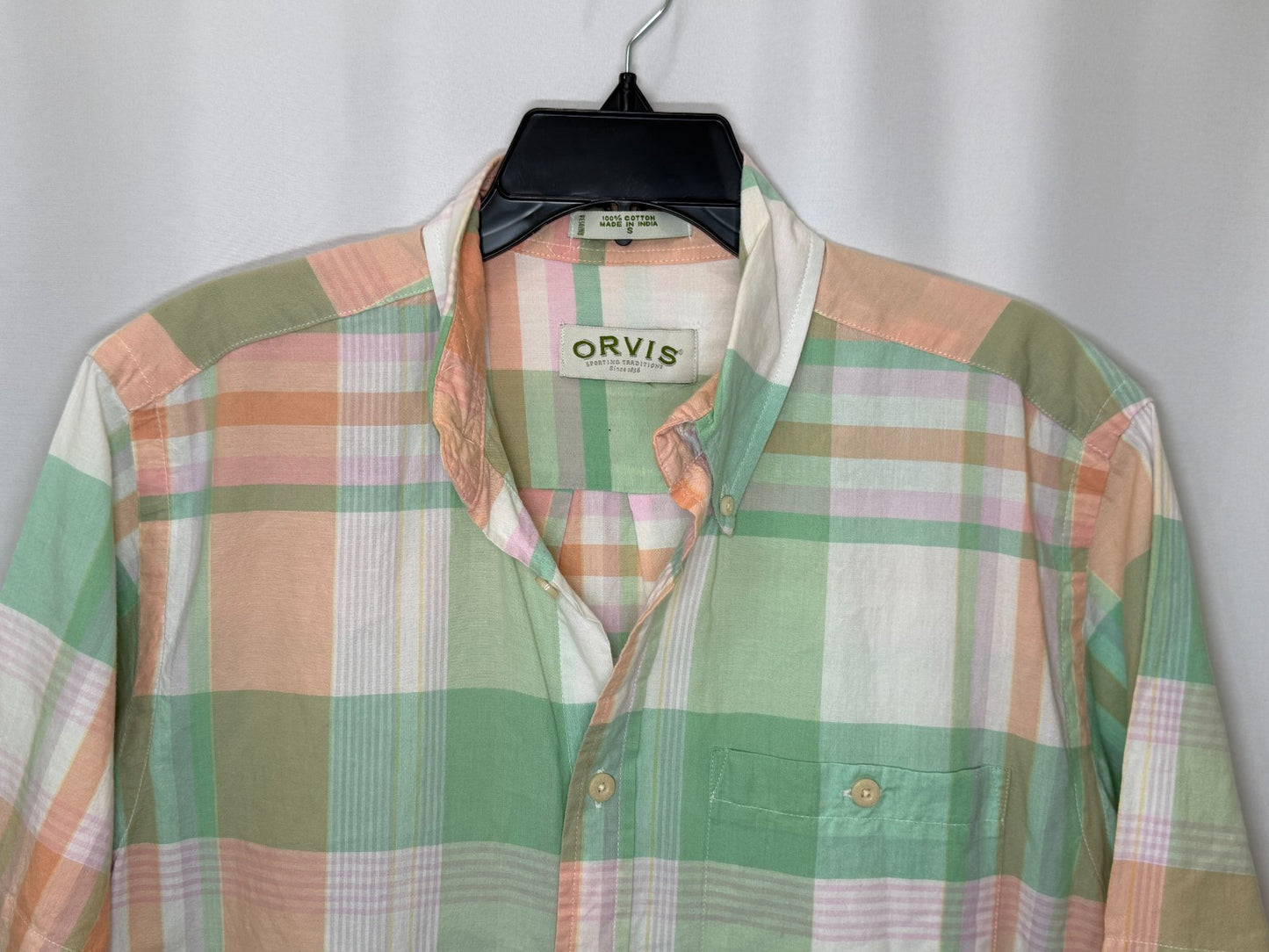 Orvis Mens Shirt S Small Green Orange Plaid Short Sleeve Cotton Button Down