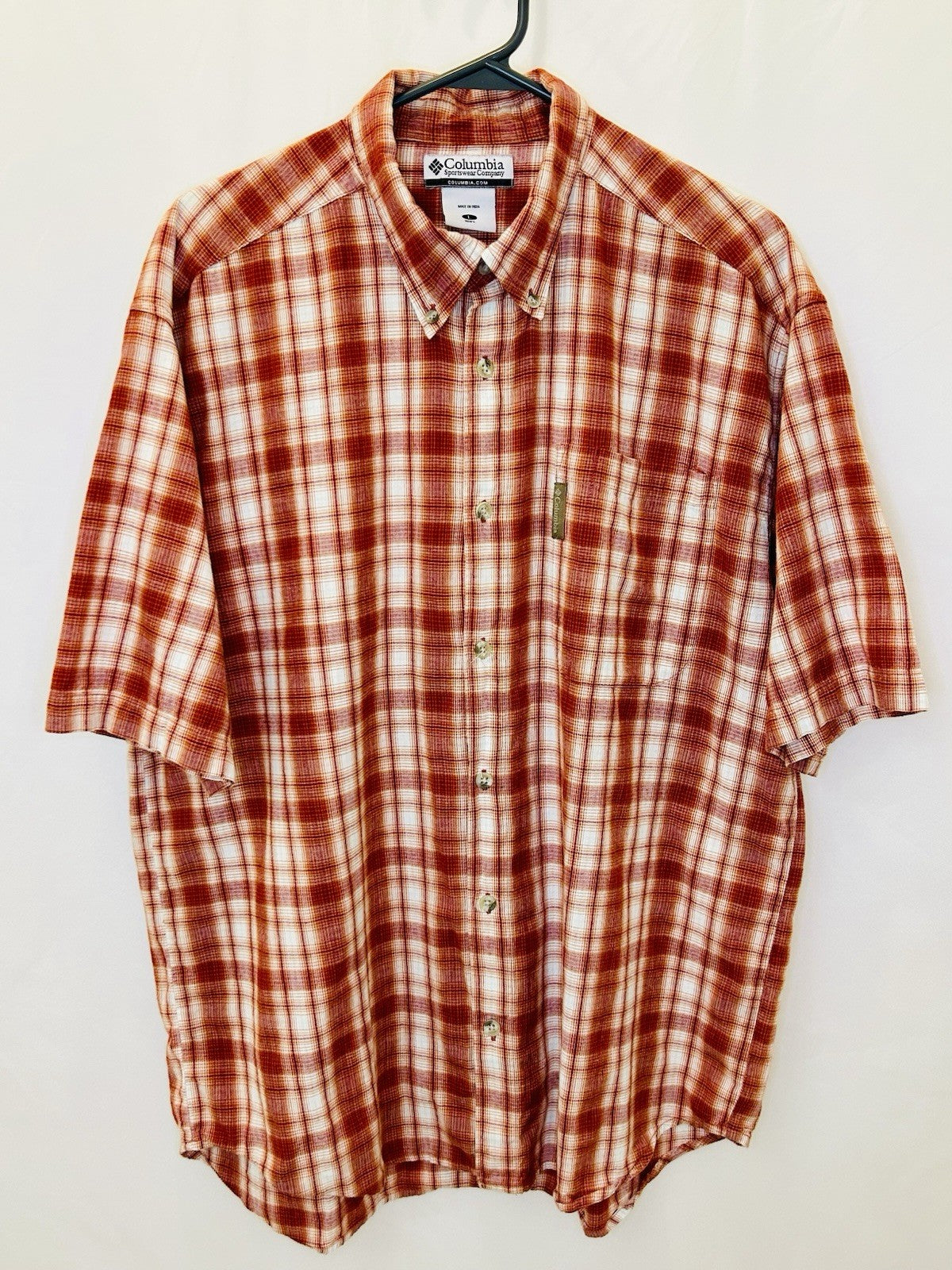 Columbia Plaid Button Up Shirt Short Sleeve Outdoor Casual Red White Large