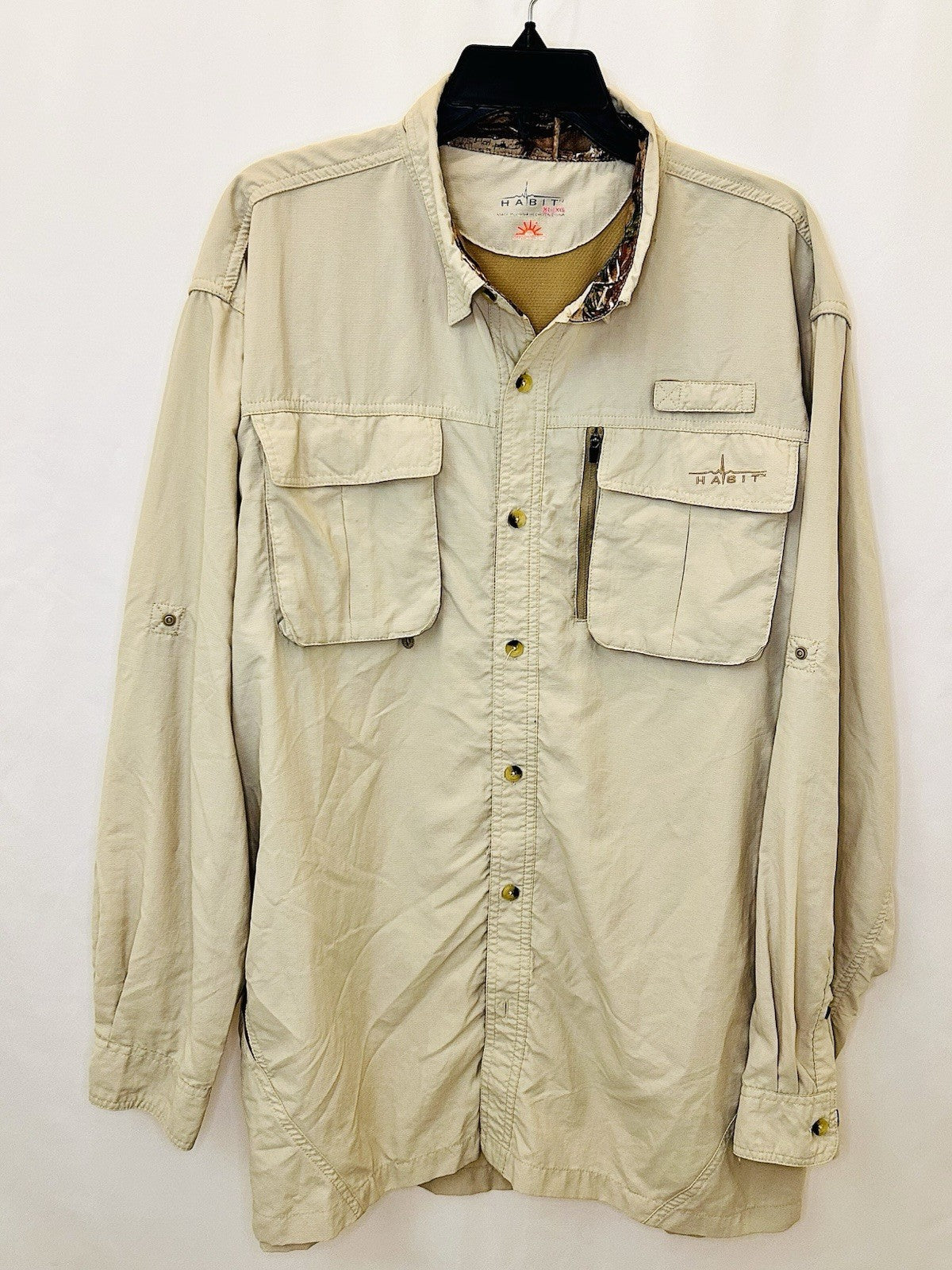 Habit Vented Fishing Shirt Men's XL Tan/Camo Pockets 30+Solar-Factor Long Sleeve