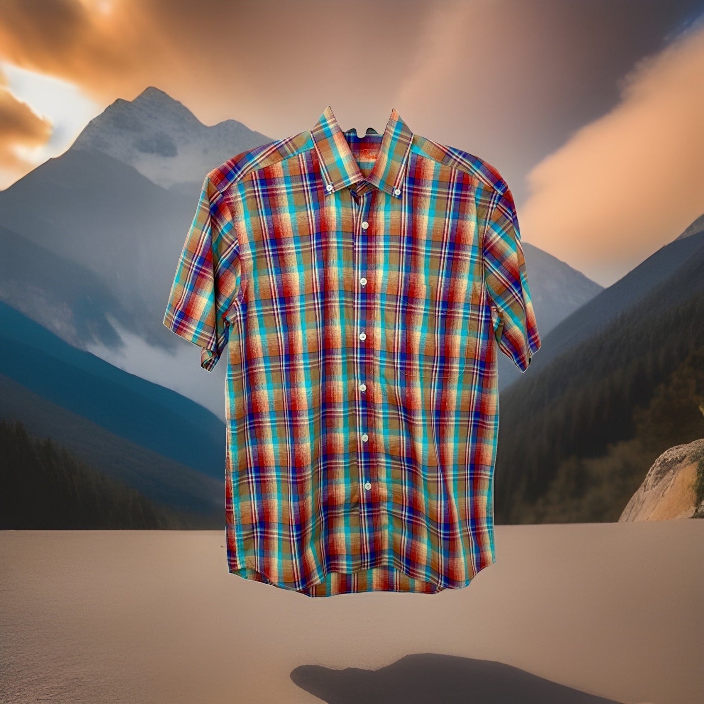 Alan Flusser Men's Small Plaid Short Sleeve Button Down Shirt 100% Cotton RN9793