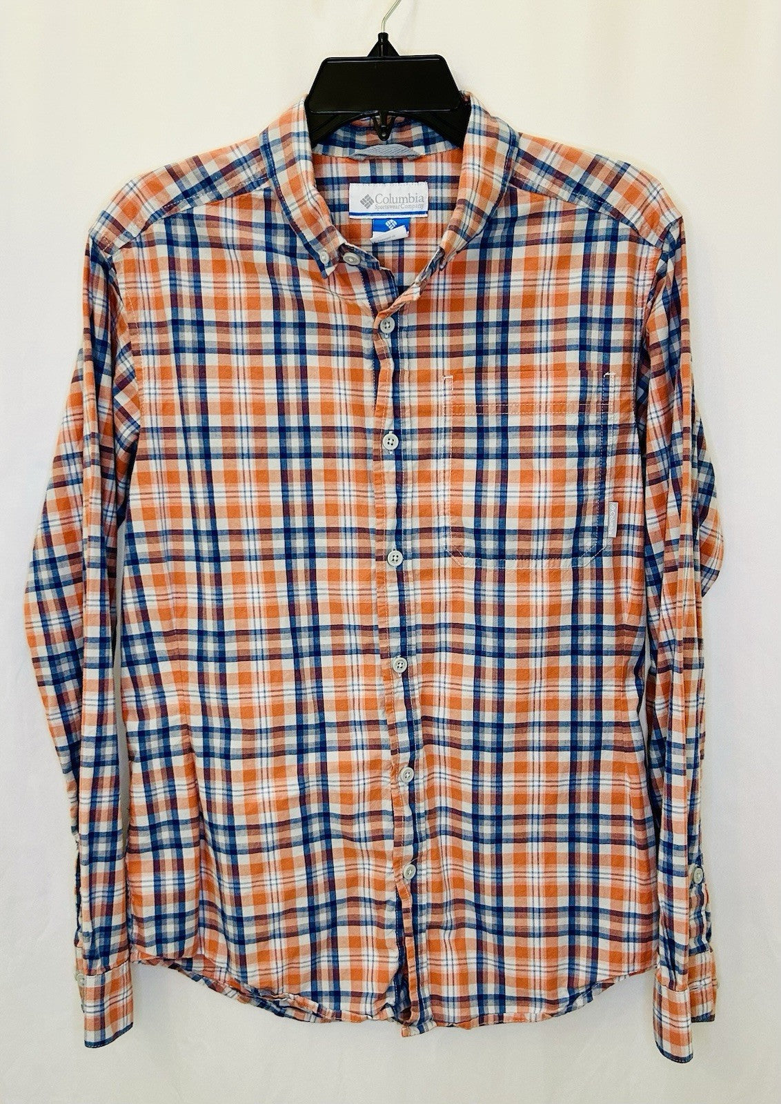 Columbia Plaid Button Up Shirt Long Sleeve Outdoor Casual Blue/Orange Mens Small
