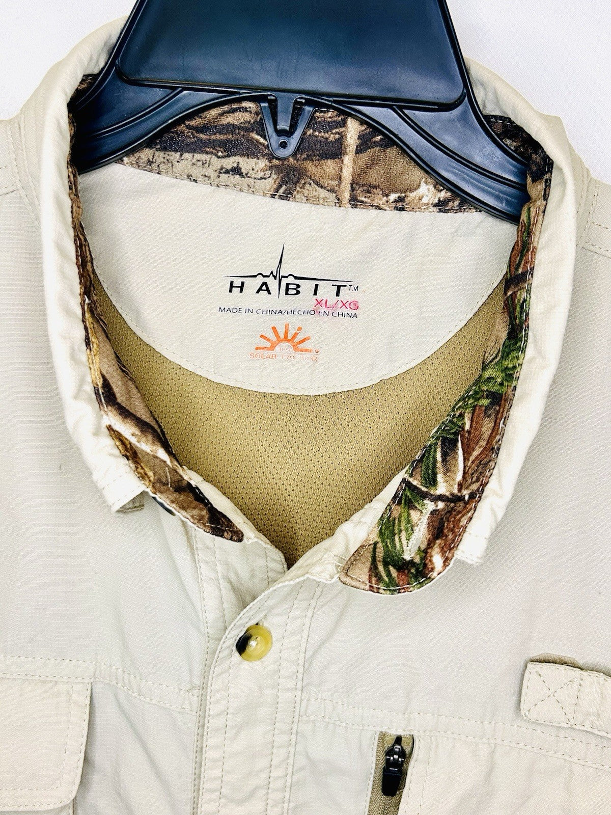 Habit Solar 30+ Factor Beige Realtree Button Up Fishing Men's Shirt 100% Nylon