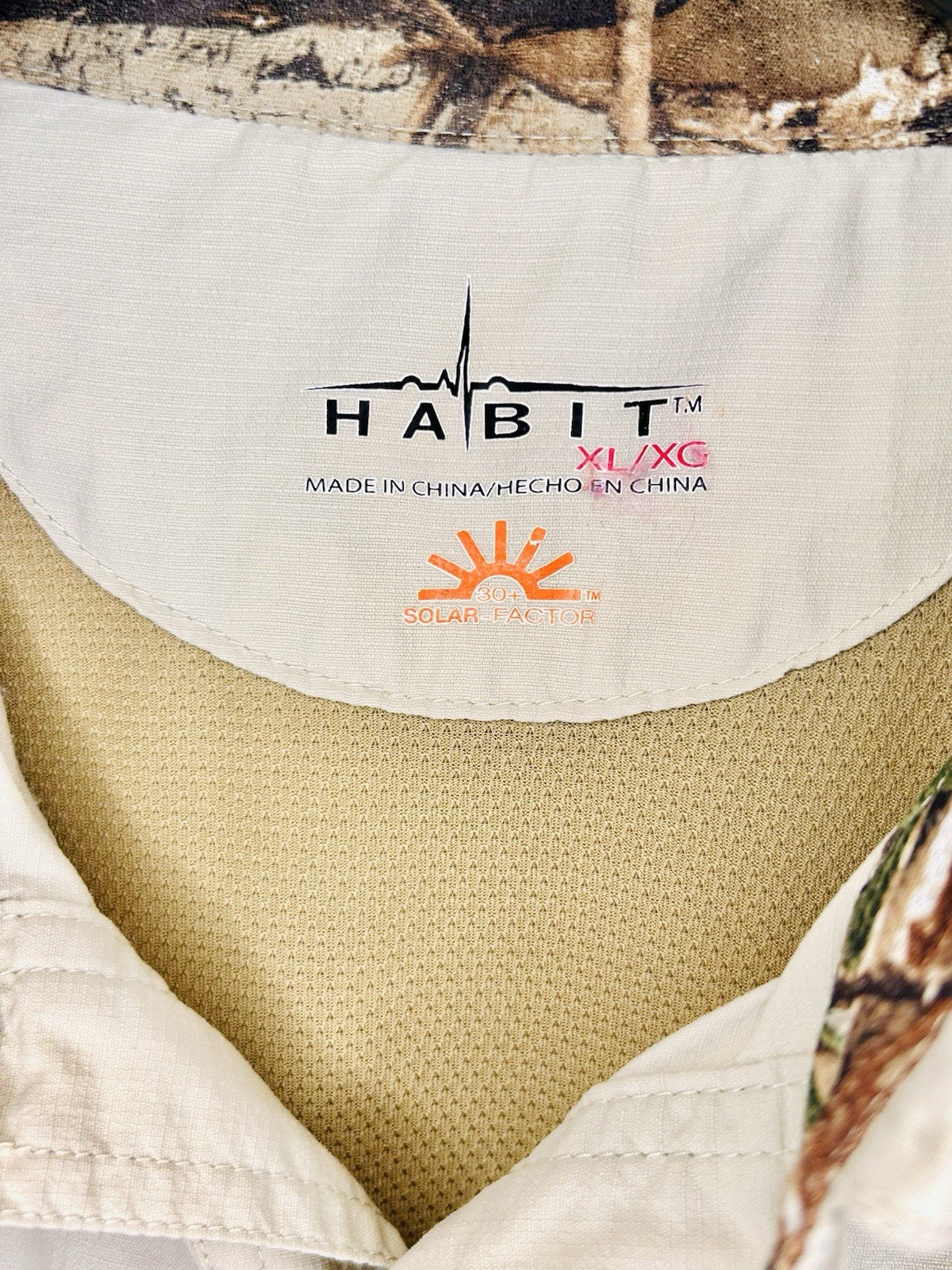 Habit Solar 30+ Factor Beige Realtree Button Up Fishing Men's Shirt 100% Nylon