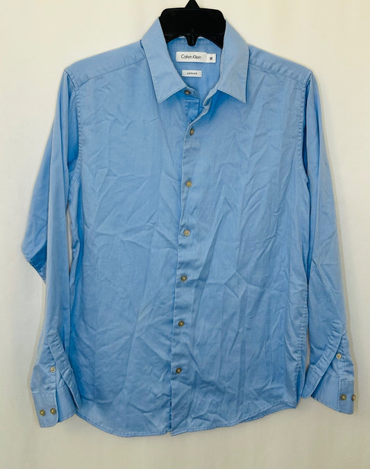 Calvin Klein Boys' Sateen Long Sleeve Slim Fit Dress Shirt Blue Size 16