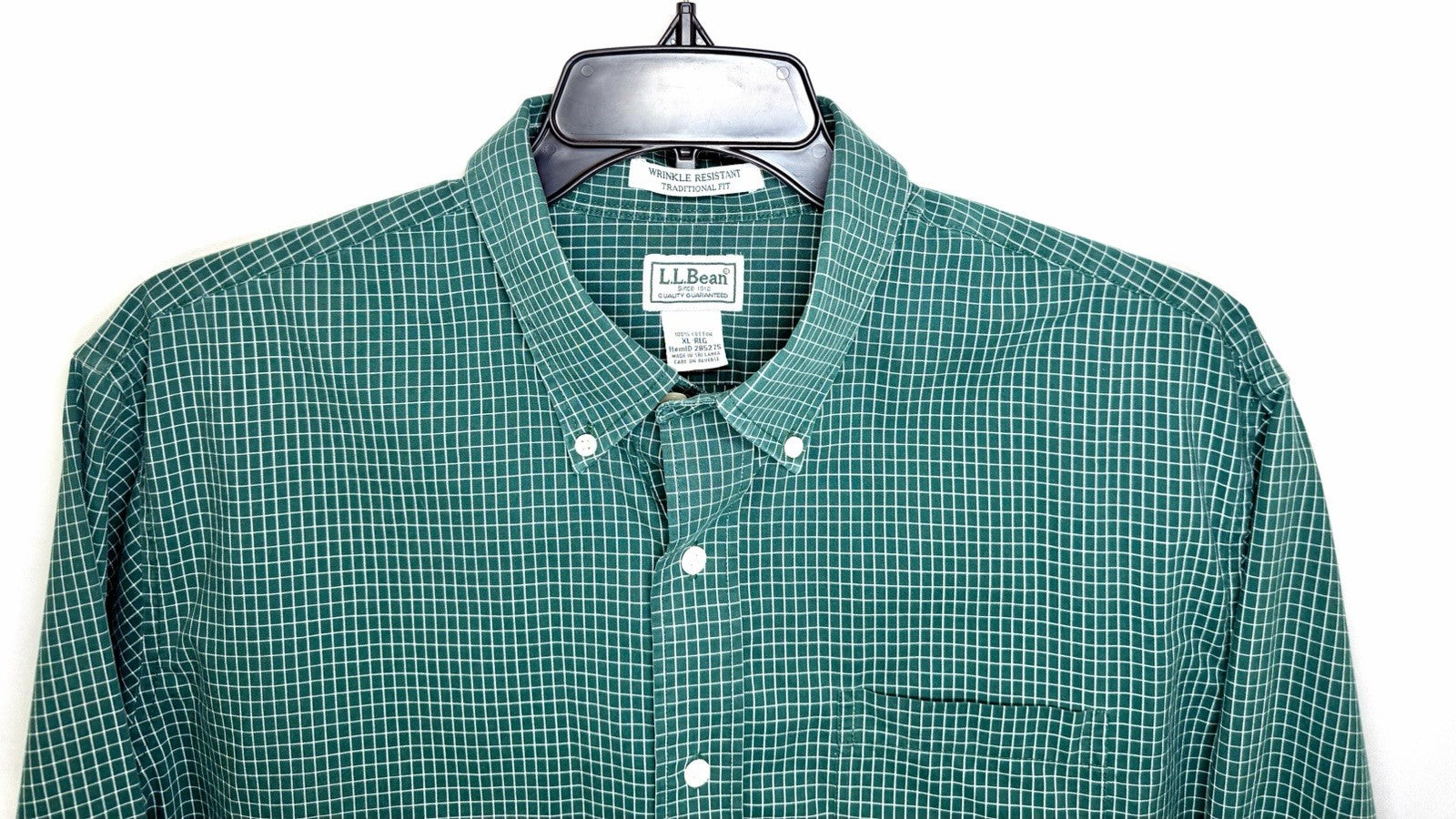 LL Bean Shirt Men XL Green Traditional Fit Windowpane Check Dress