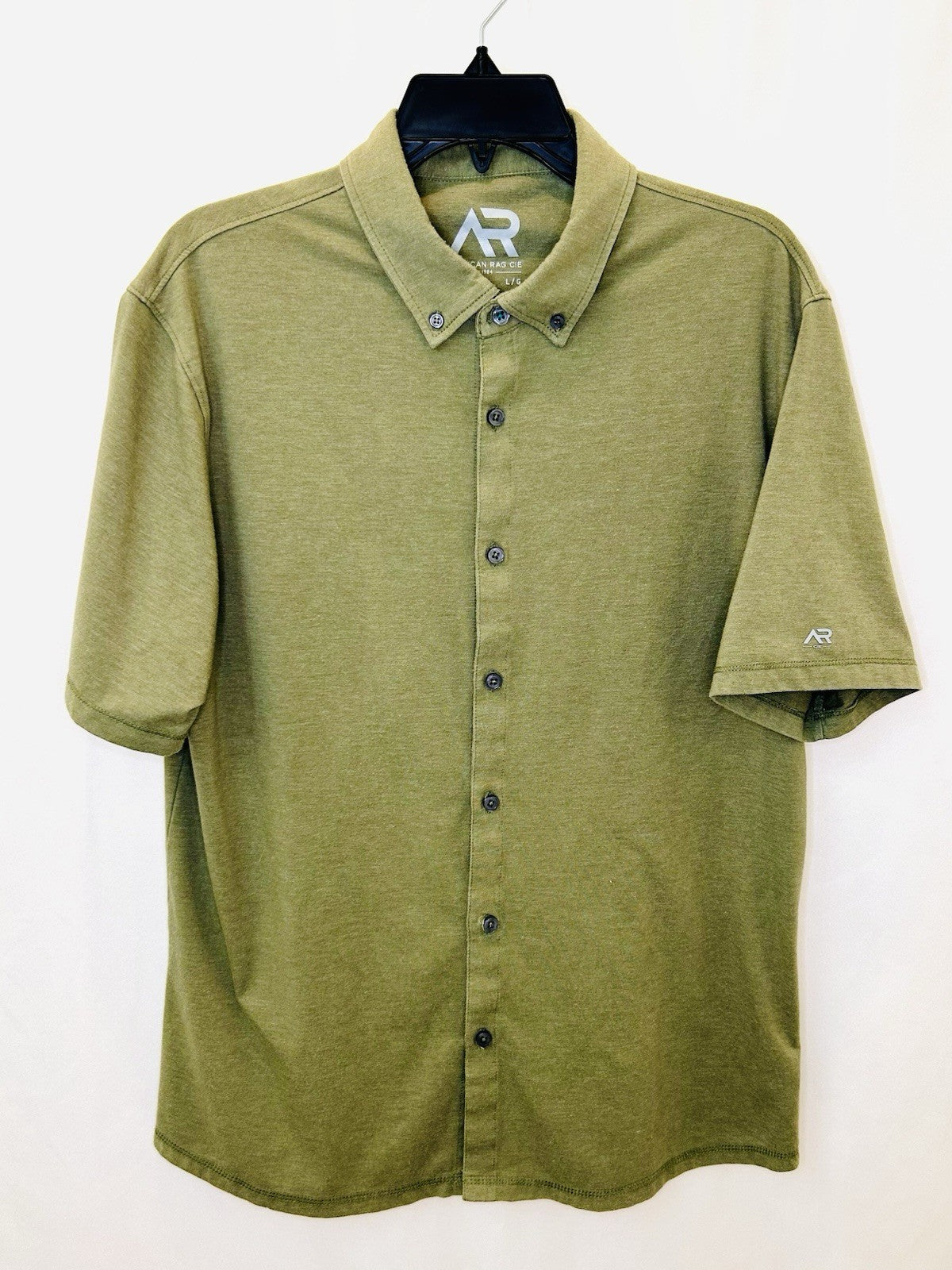 American Rag Mens Shirt Short Sleeve Snap Button Up Military Collar Green Sz L 
