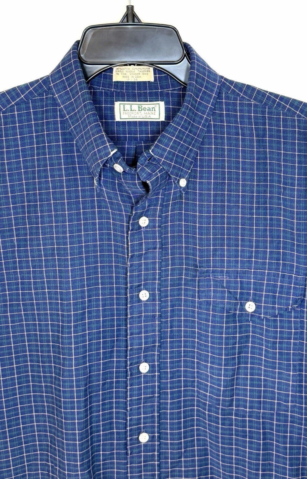 Vintage LL Bean Green and Navy Plaid Button Down Shirt Made in USA Men Sz 17-34