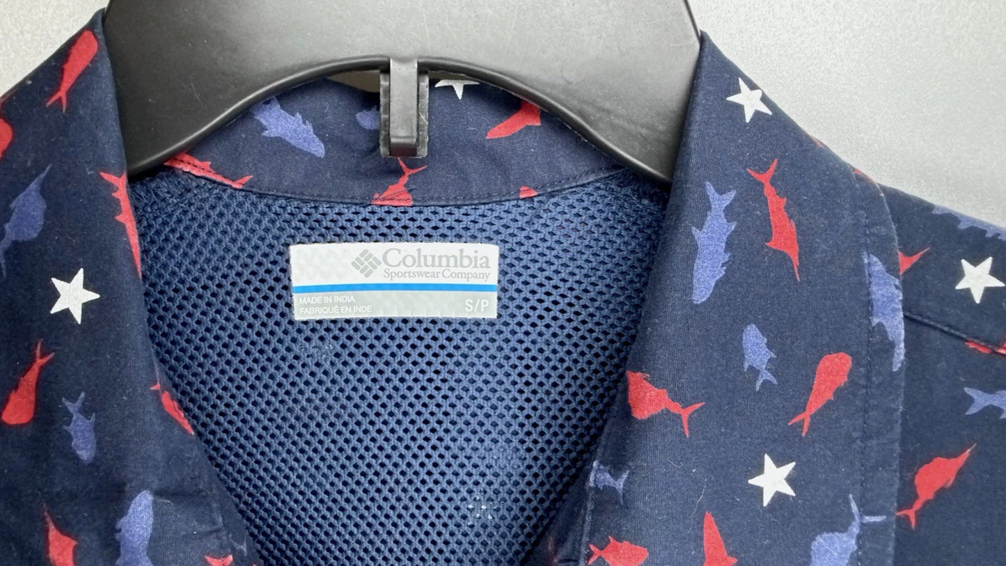 Columbia PFG Fish All OverShort Sleeve Button Front Shirt Men's Small Blue