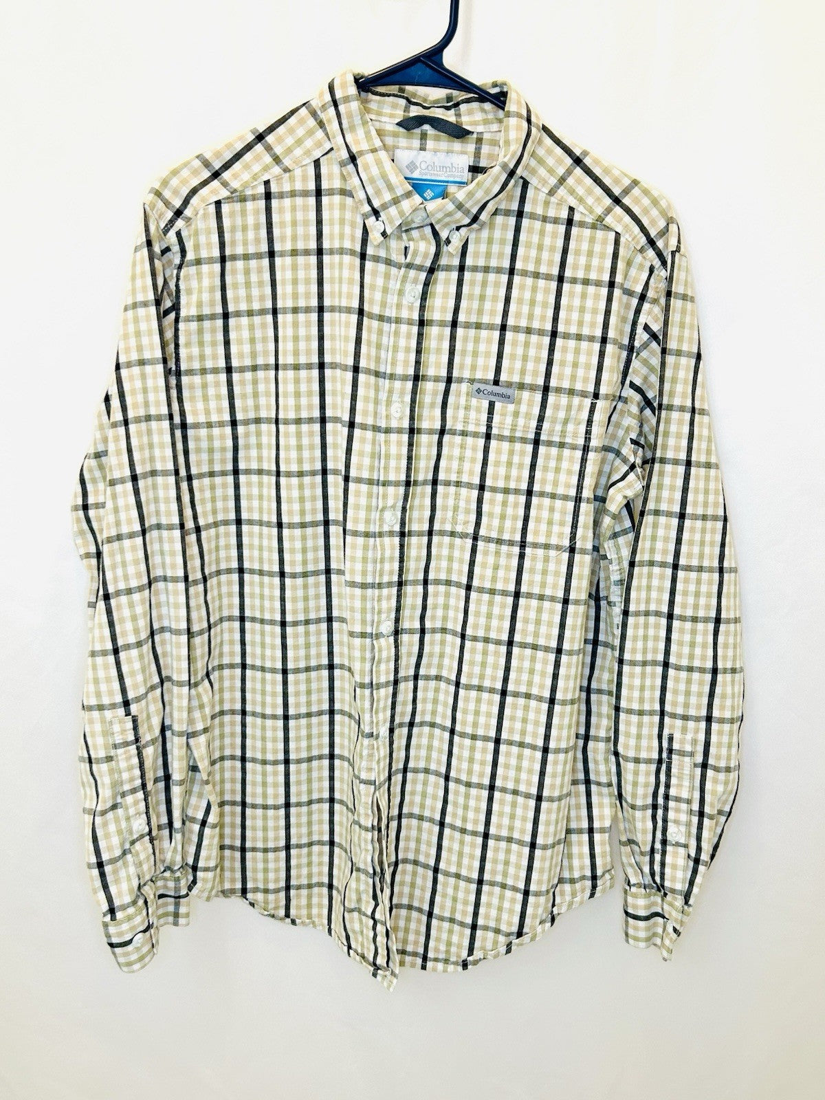 Columbia Plaid Button Up Shirt Long Sleeve Outdoor Casual Yellow White Medium